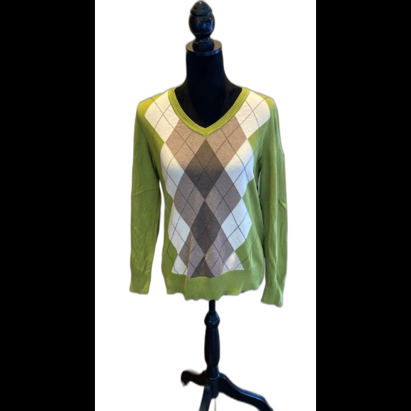 St John’s Bay Argyle Green Women’s Sweater Size Large 97% Cotton V Neck - Picture 1 of 9